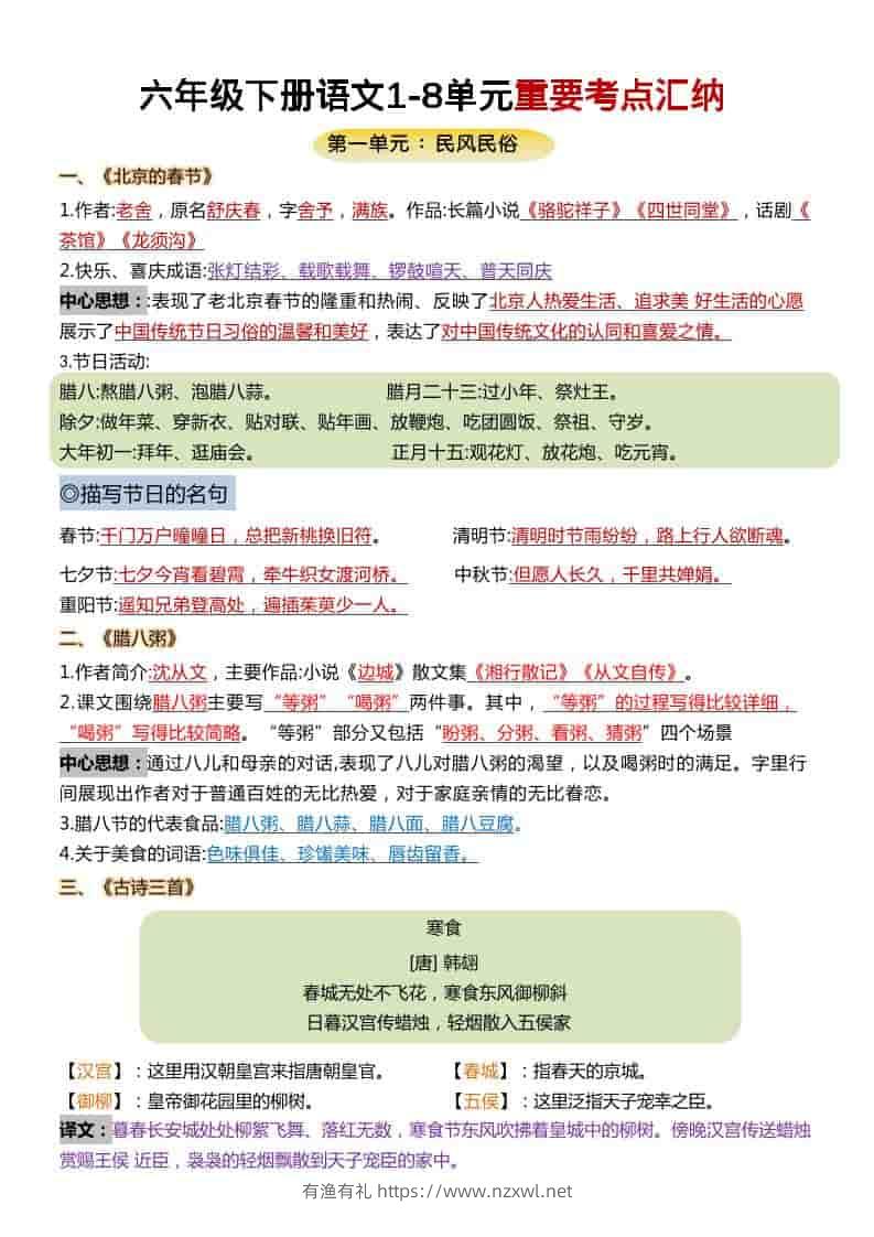 六年级下语文1-8单元重要考点汇总-有渔有礼