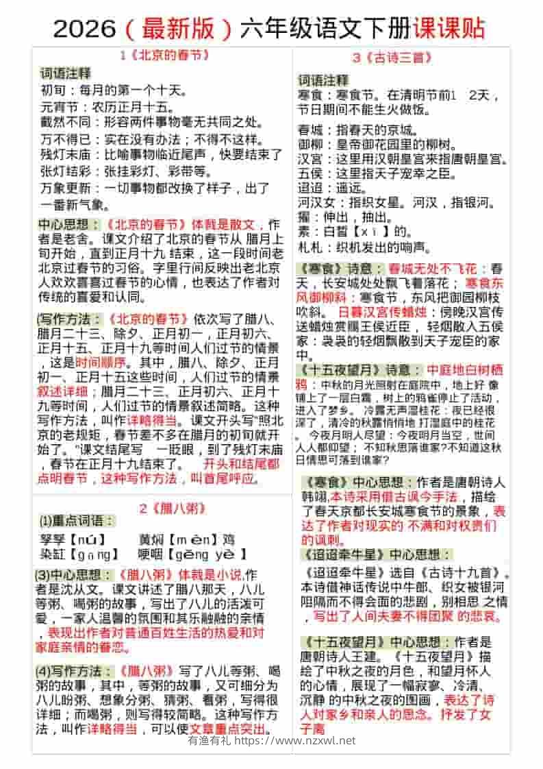 六年级下语文全册课课贴-有渔有礼