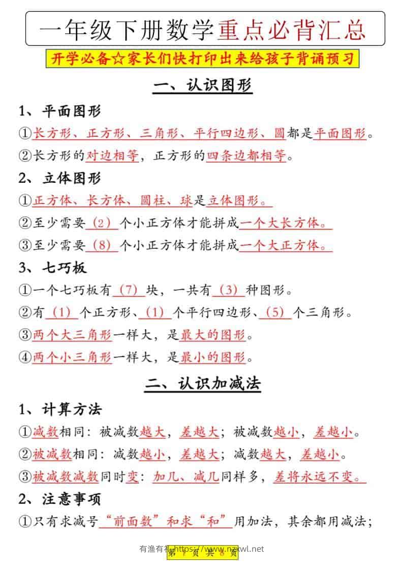 一年级下数学重点必背汇总-有渔有礼