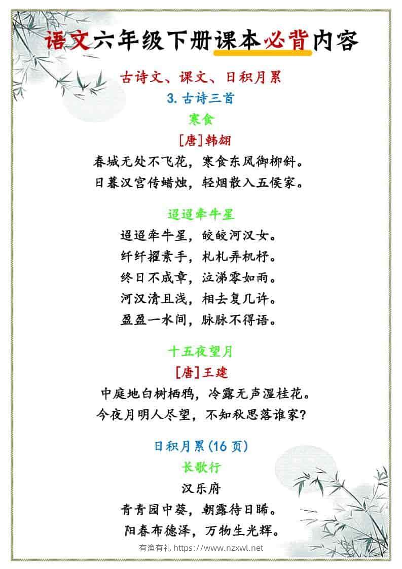 六年级下语文课本必背内容-有渔有礼