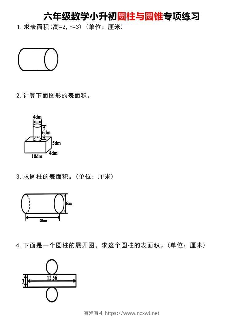 六年级下数学《圆柱与圆锥》专项练习-有渔有礼