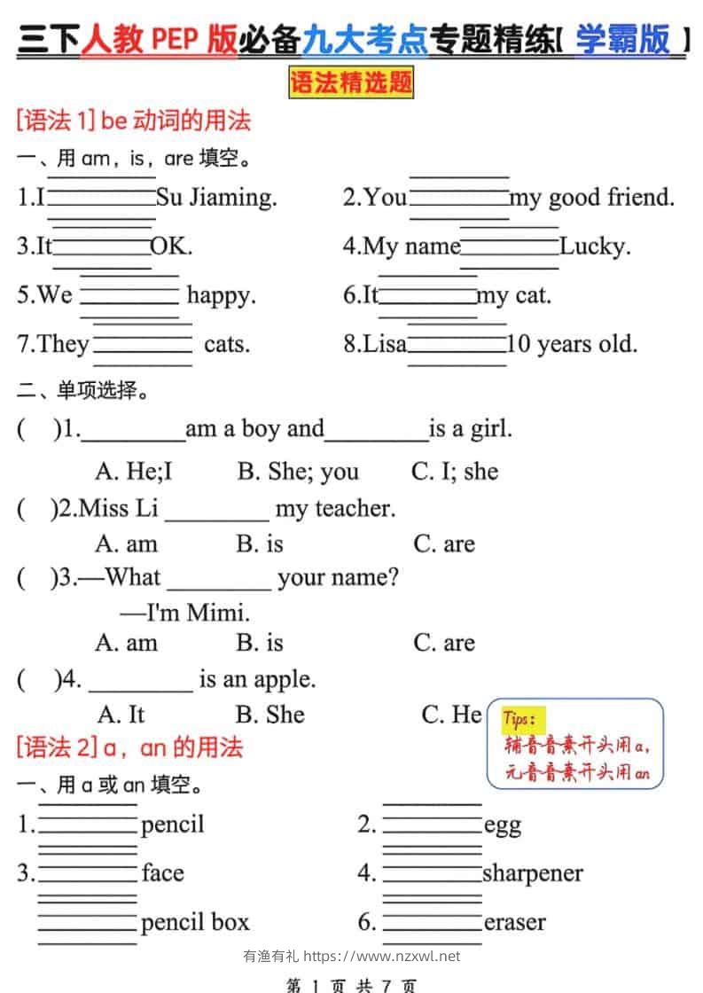 三年级下英语必备九大考点专题精练《人教版PEP》-有渔有礼