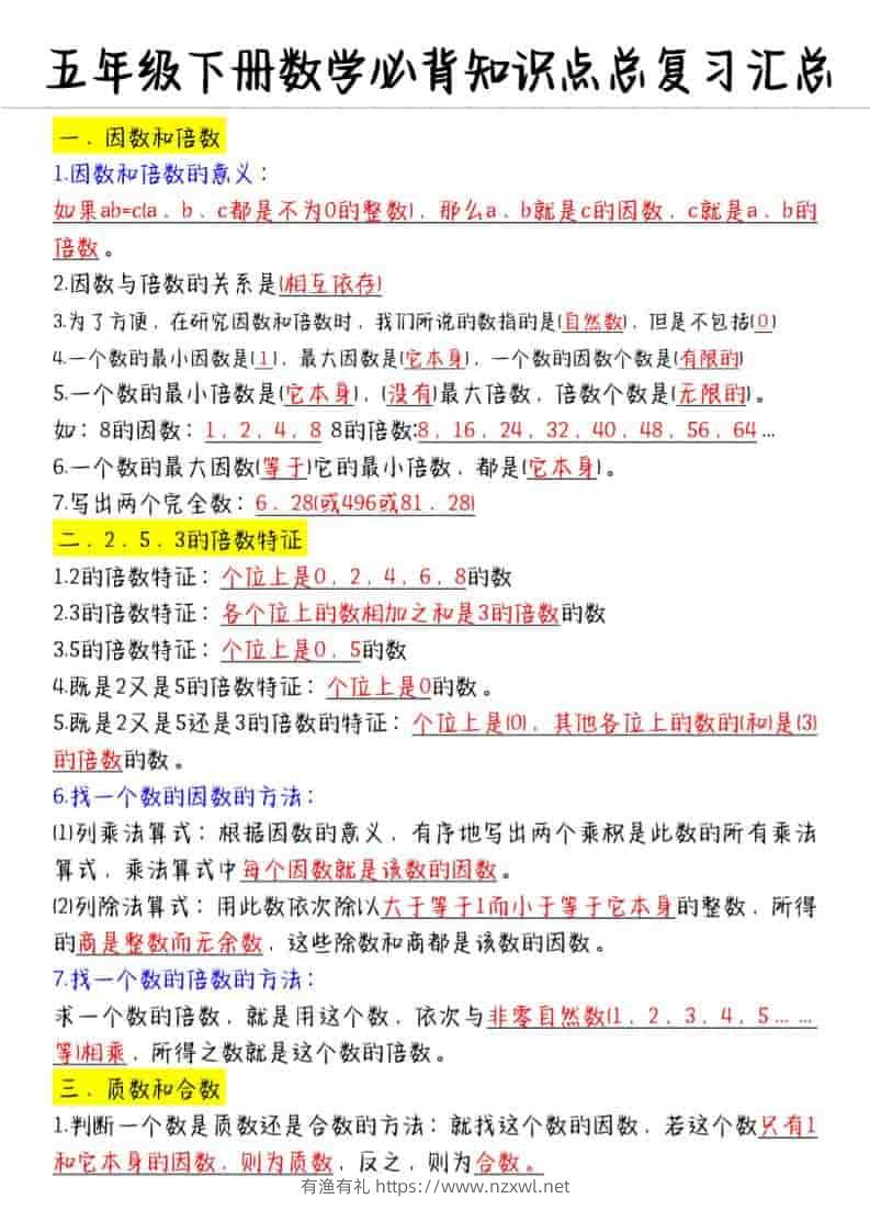 五年级下数学必备知识点汇总-有渔有礼
