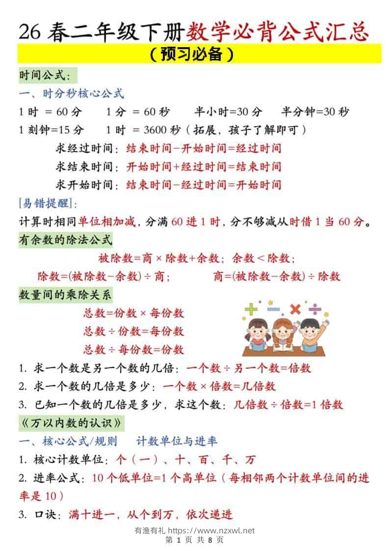 二年级下数学必背公式汇总《人教版》-有渔有礼