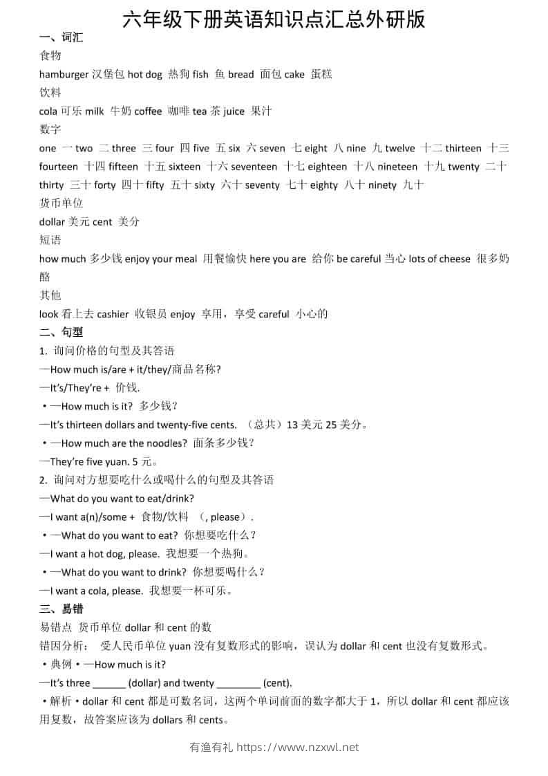 六年级下英语知识点汇总《外研版》-有渔有礼