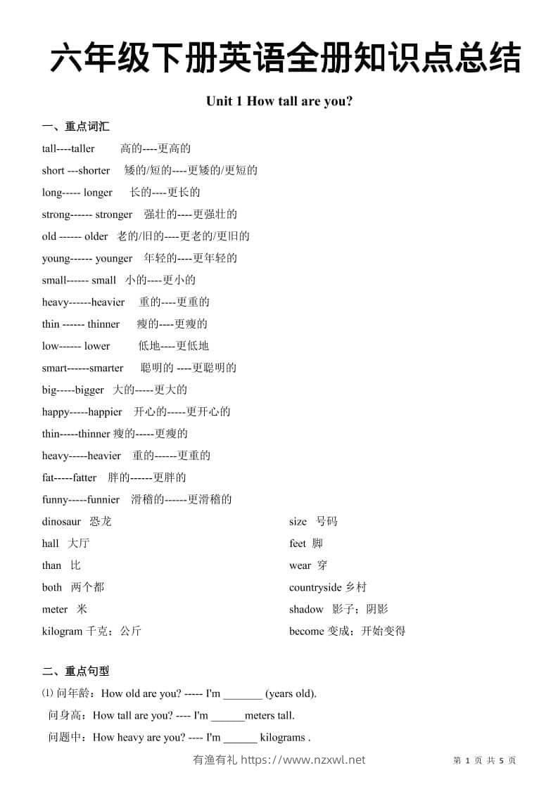 六年级下英语全册知识总结《人教版PEP》-有渔有礼