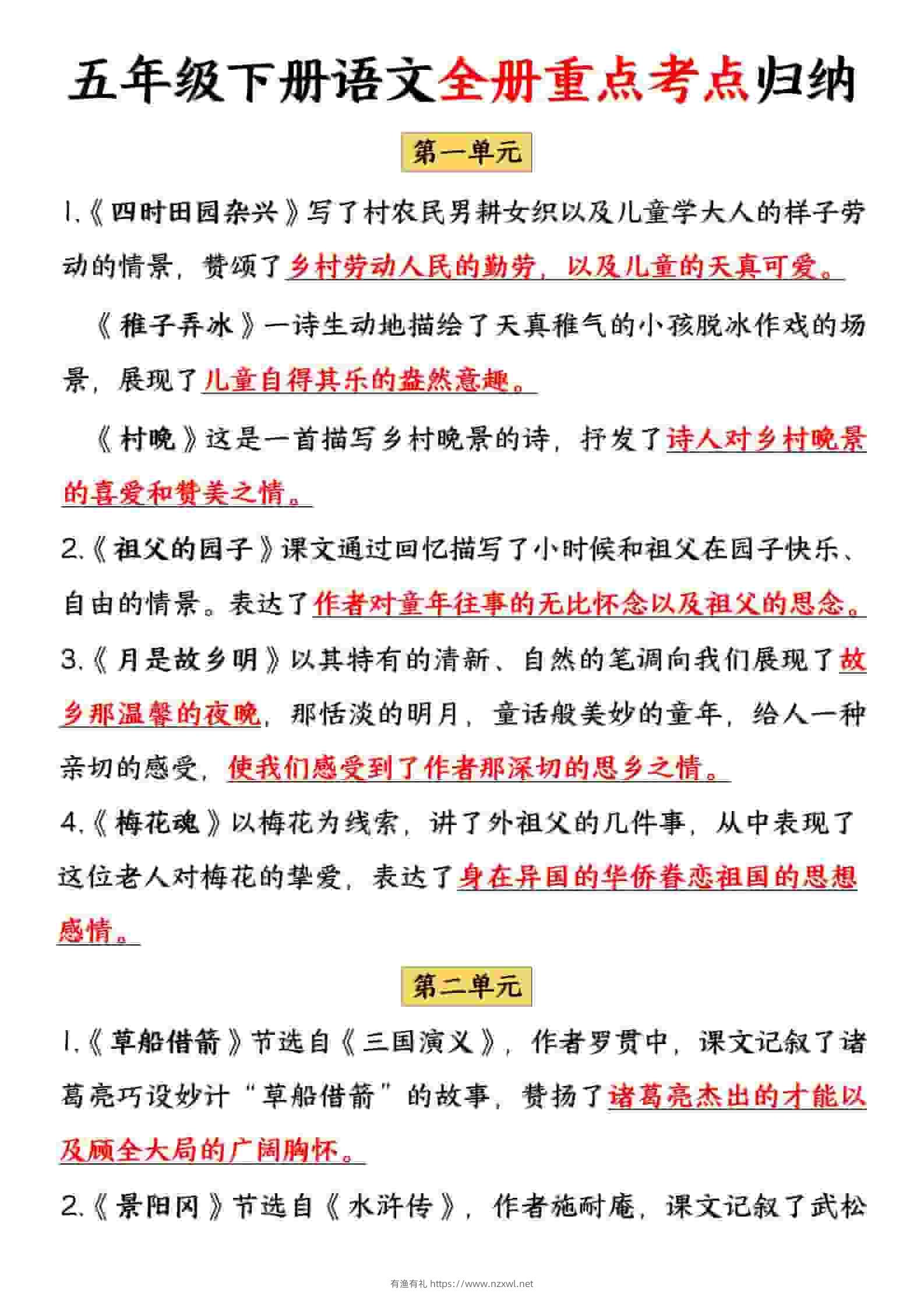 五年级下语文全册重点考点归纳-有渔有礼