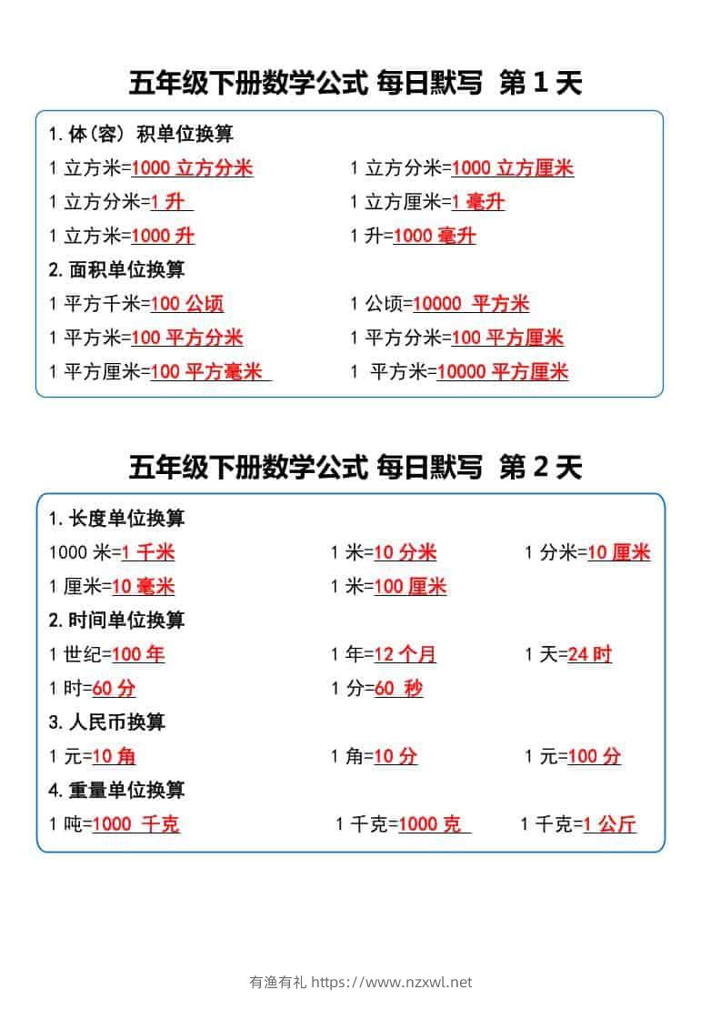 五年级下数学数学公式每日默写小纸条-有渔有礼