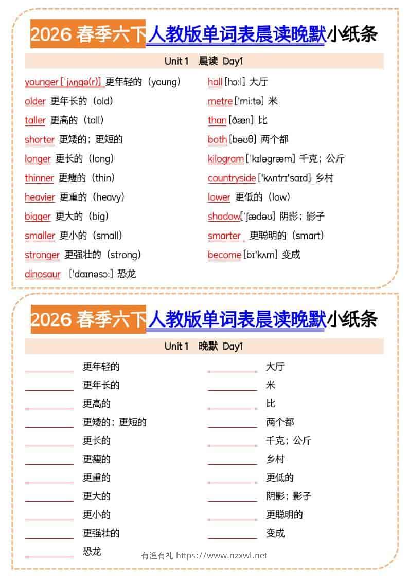 六年级下英语2026春晨读晚默小纸条《人教版》-有渔有礼