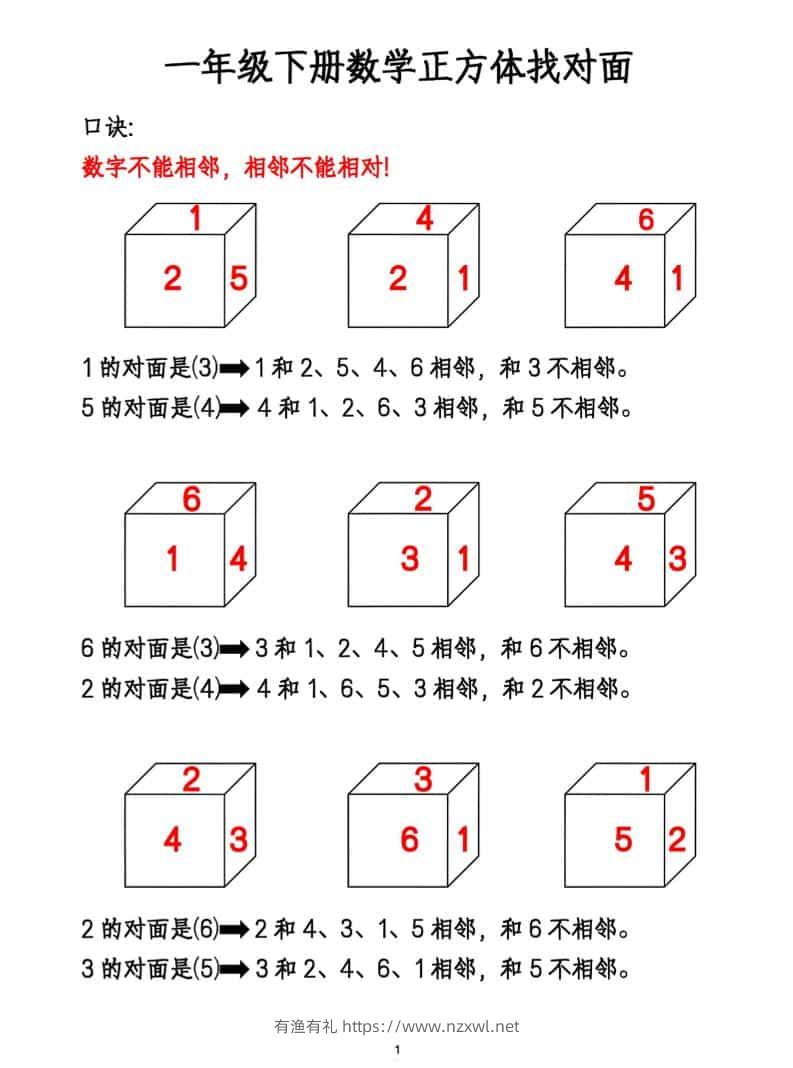 一年级下数学正方体找对面专项练2-有渔有礼