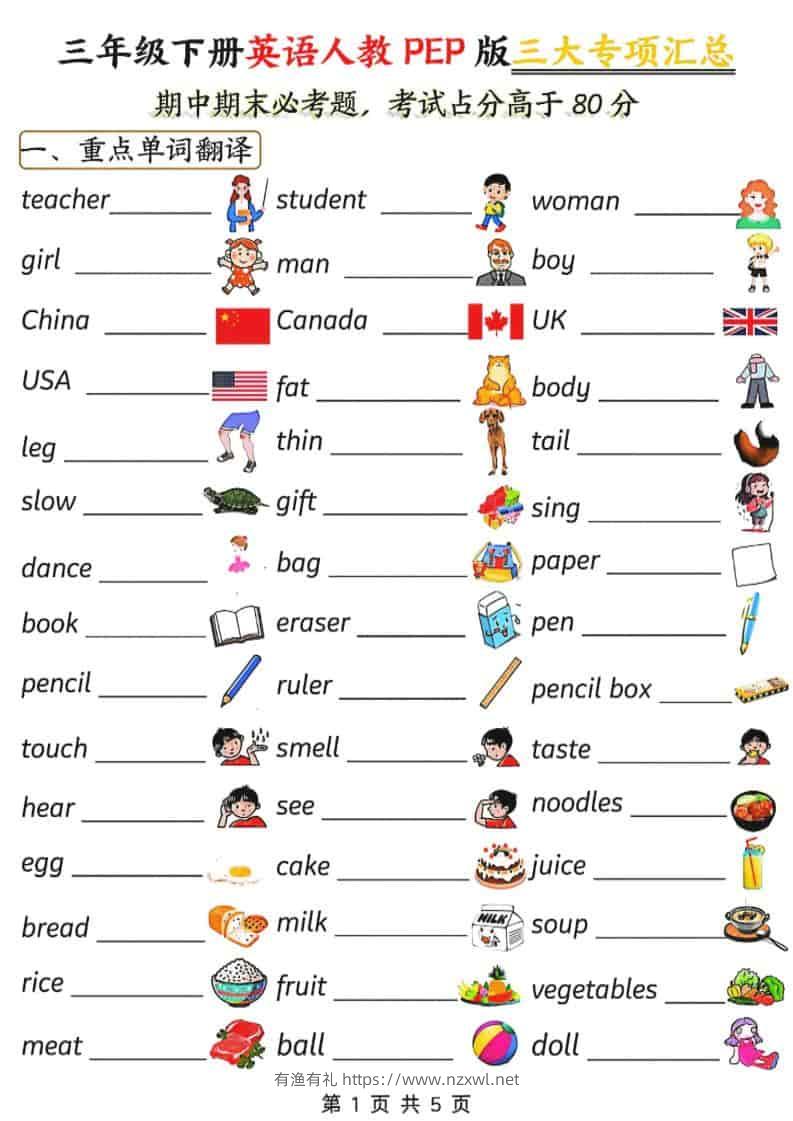 三年级下英语三大专项汇总《人教PEP版》-有渔有礼