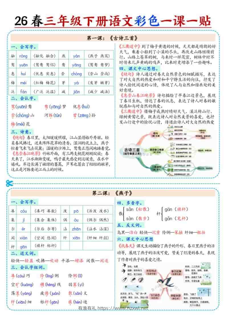 三年级下语文26春彩色课课贴-有渔有礼