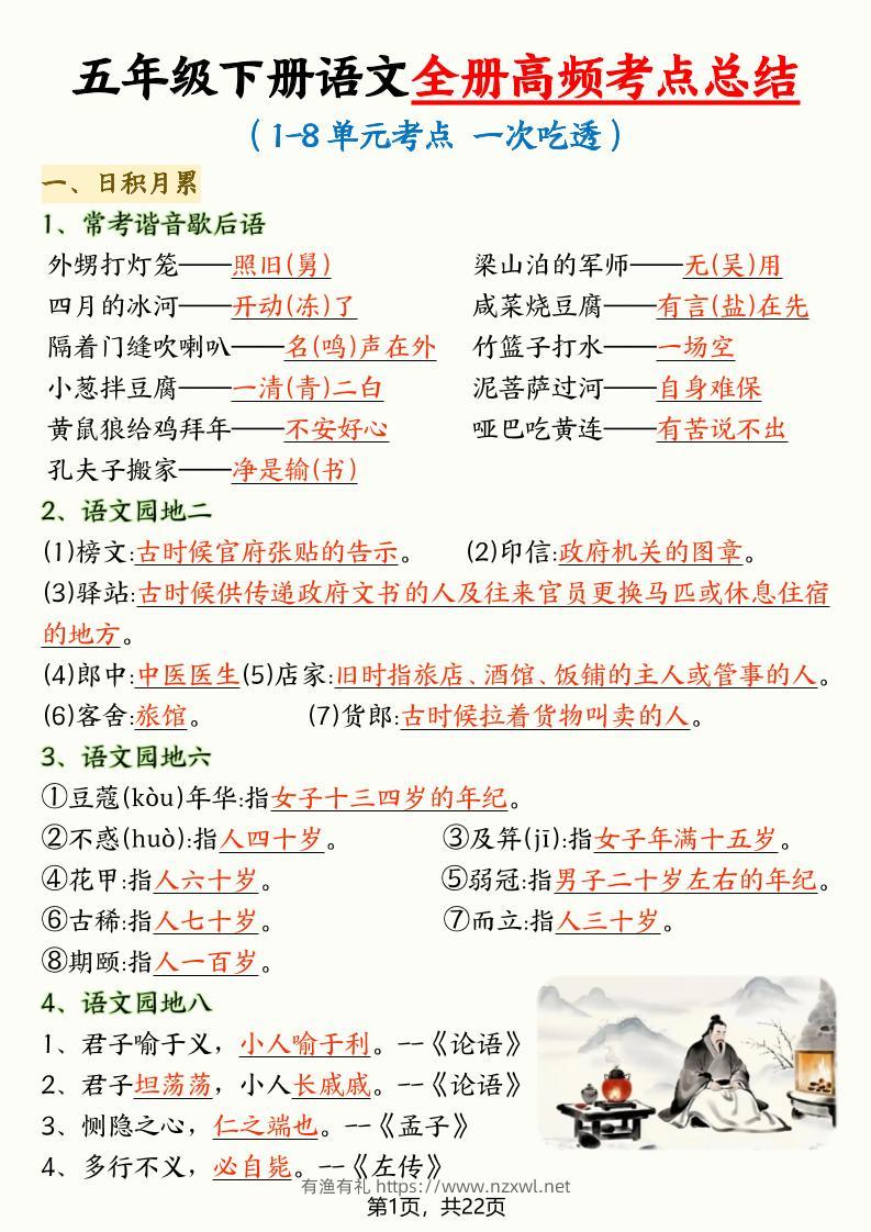 五年级下语文全册高频考点总结-有渔有礼