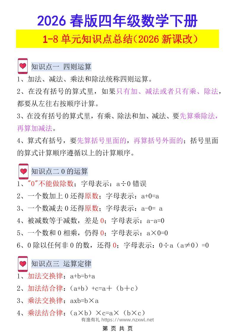 2026春新版四年级下数学1-8单元知识点总结《人教版》-有渔有礼