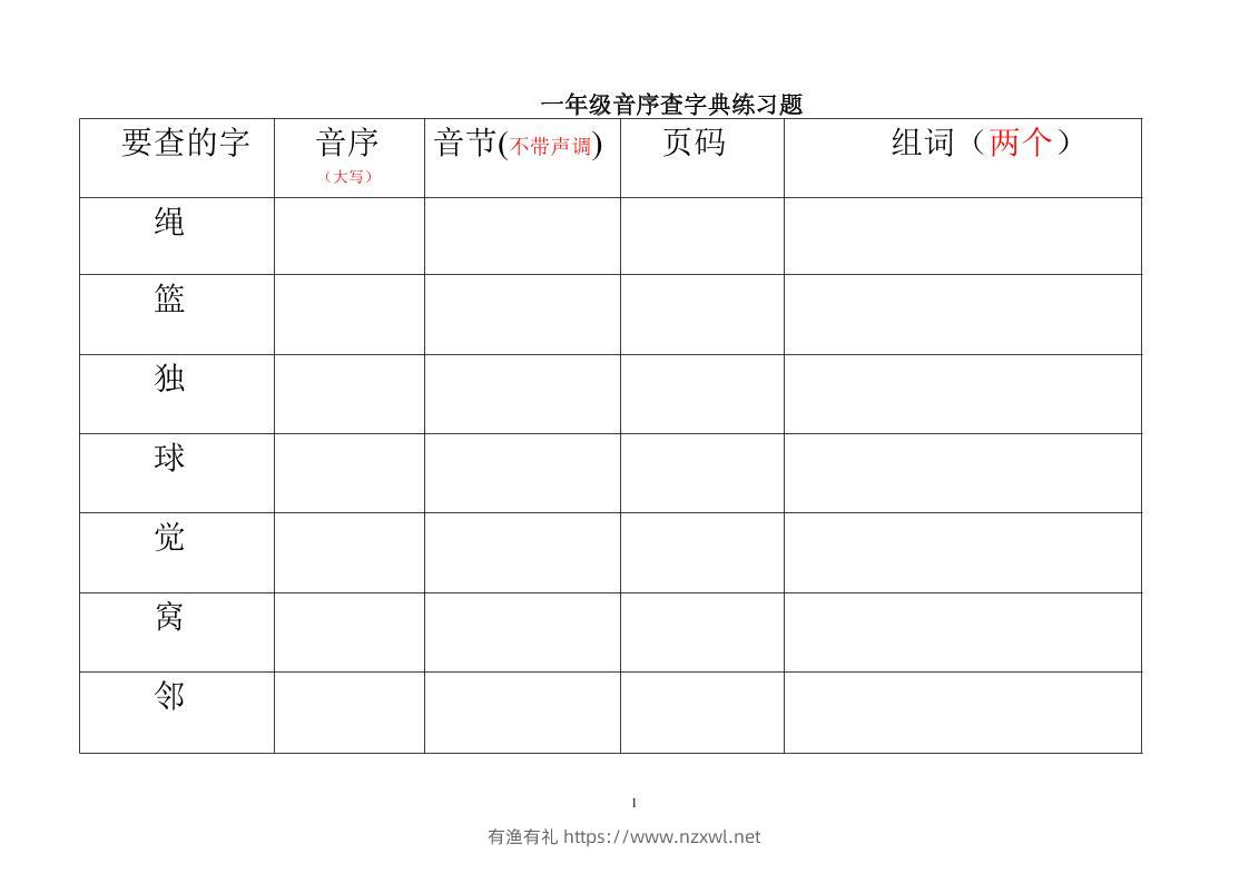 一年级下语文音序查字典练习题-有渔有礼