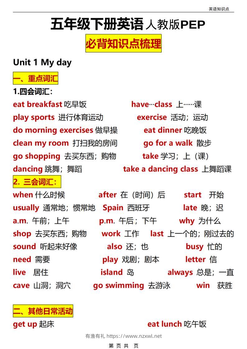 五年级(下）英语全册知识点汇总《人教版PEP》-有渔有礼