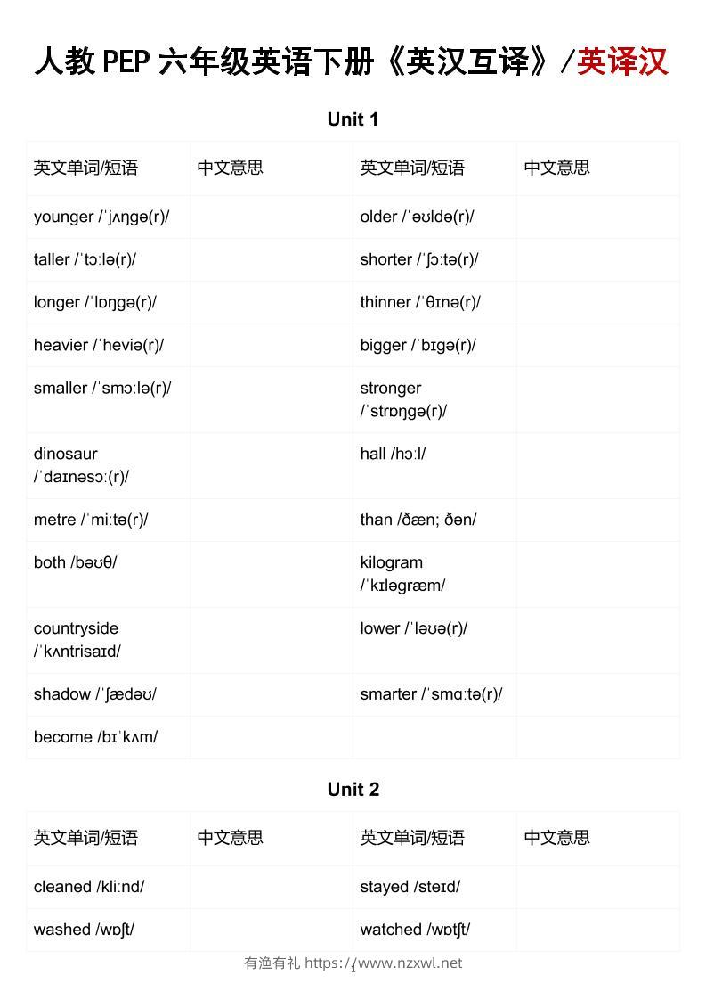 六年级下英语英汉互译练习《人教版PEP》-有渔有礼