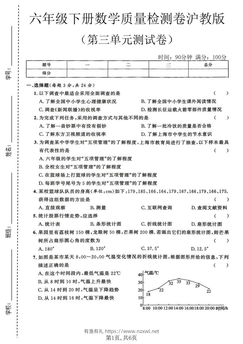 六年级下数学第三单元质量检测卷《沪教版》(2)-有渔有礼