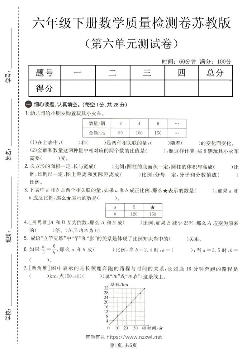 六年级下数学第六单元质量检测卷1《苏教版》-有渔有礼