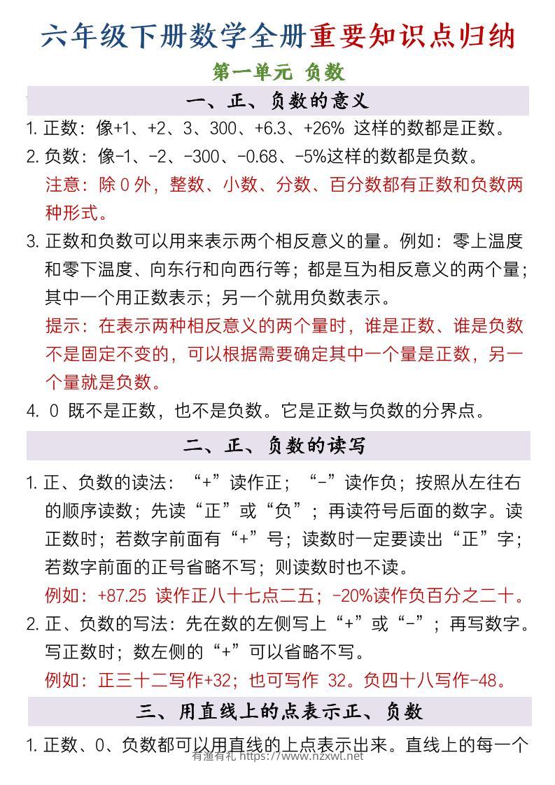 六年级下数学全册重要知识点归纳-有渔有礼