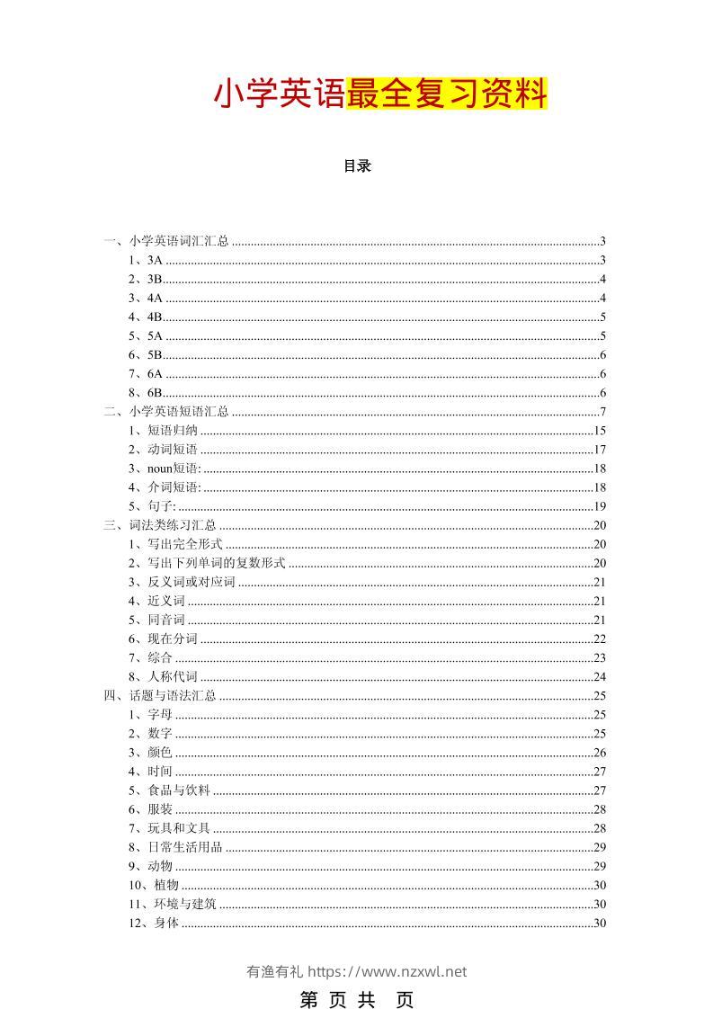 六年级下英语最全复习资料（单词、短语、语法、主题）-有渔有礼