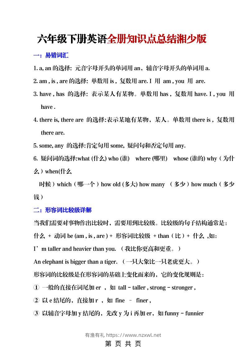 六年级下英语全册知识点总结《湘少版》-有渔有礼