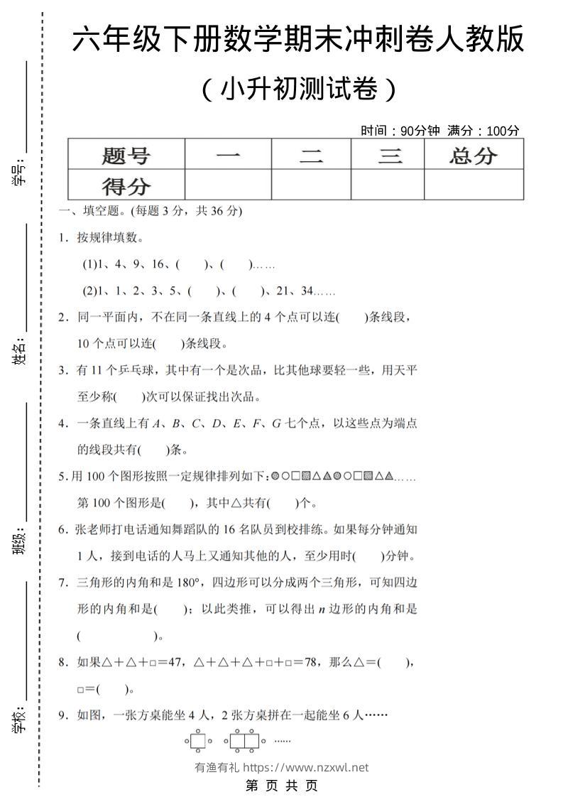 六年级下数学期末小升初冲刺卷《人教版》-有渔有礼