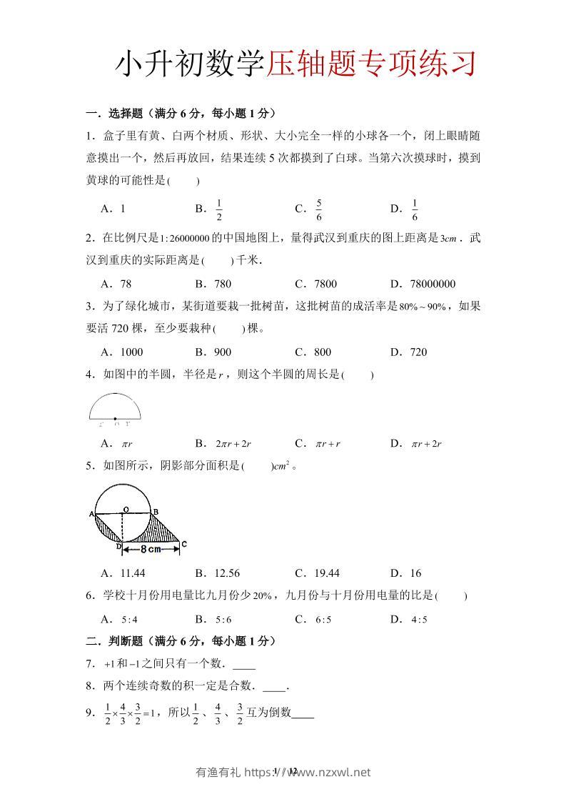 六年级下小升初数学压轴题专项练习-有渔有礼
