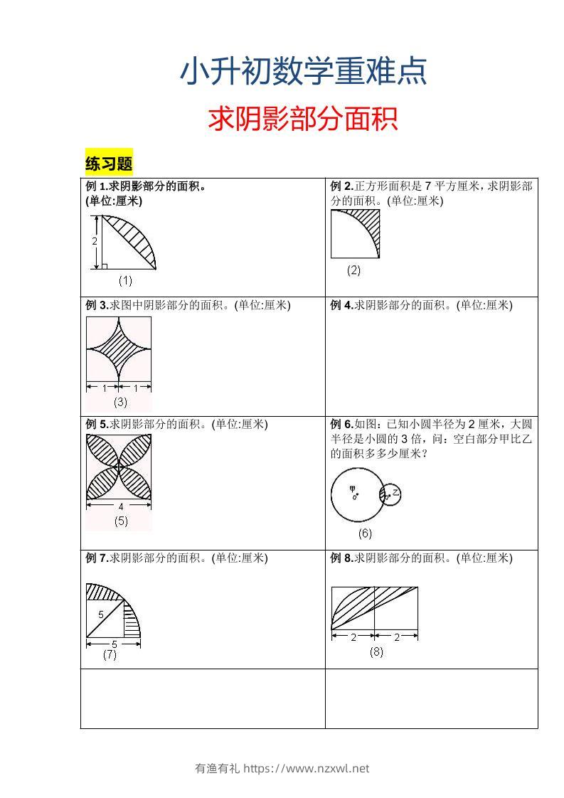 六年级下数学小升初重难点求阴影部分面积-有渔有礼