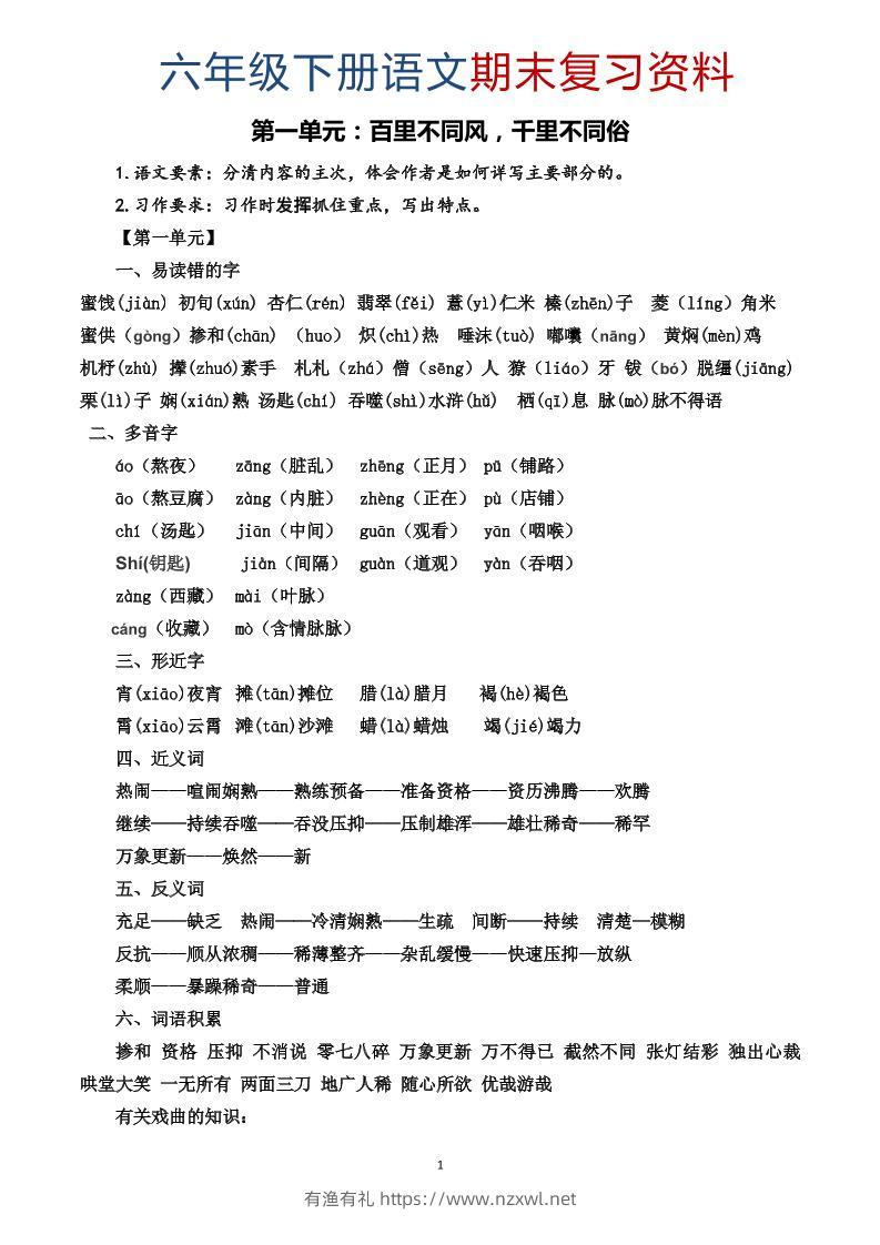 六年级下语文期末复习资料-有渔有礼