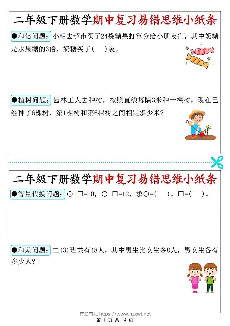 二年级下数学期中复习易错思维小纸条-有渔有礼
