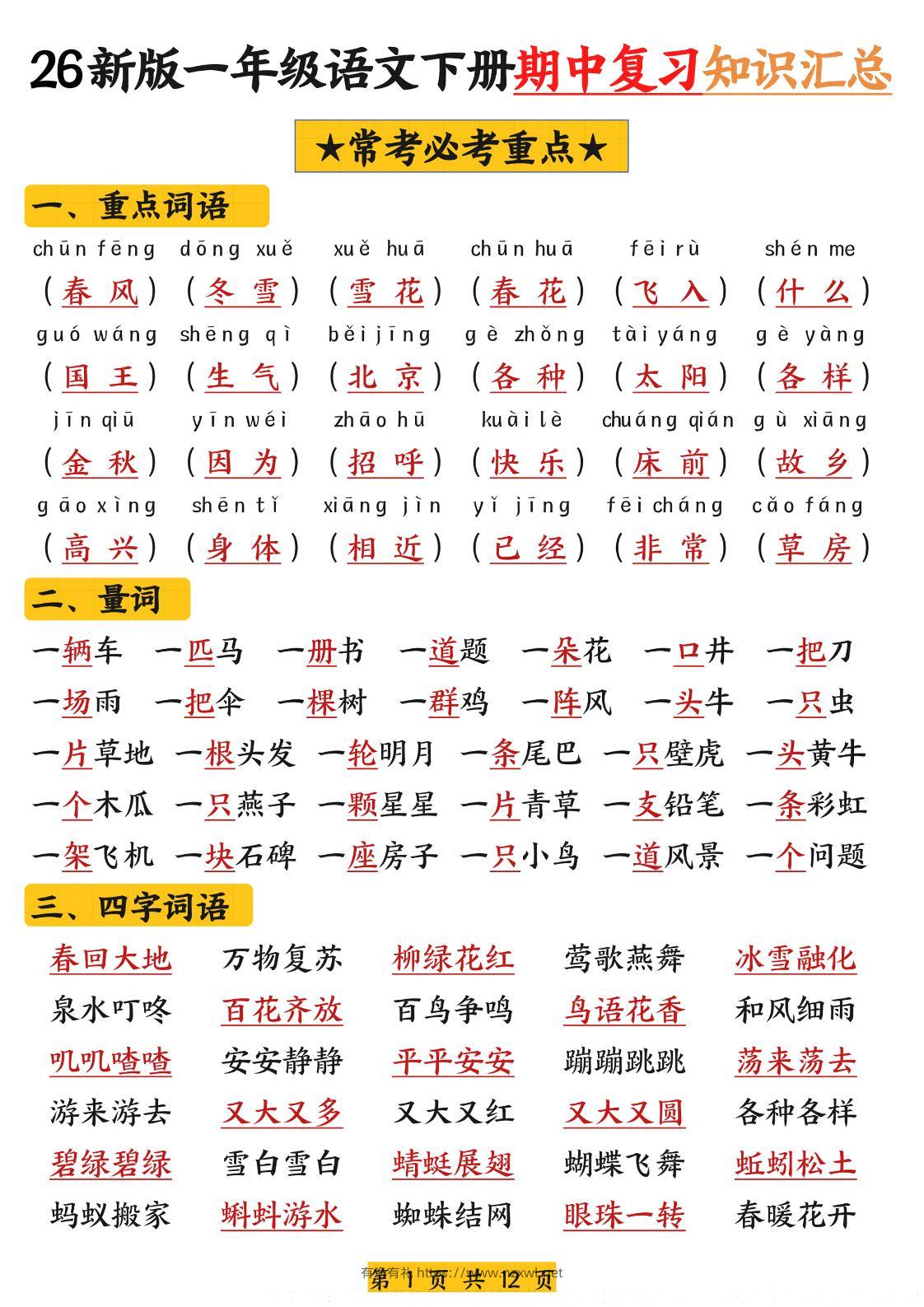 26新版一年级语文下册期中复习知识汇总-有渔有礼