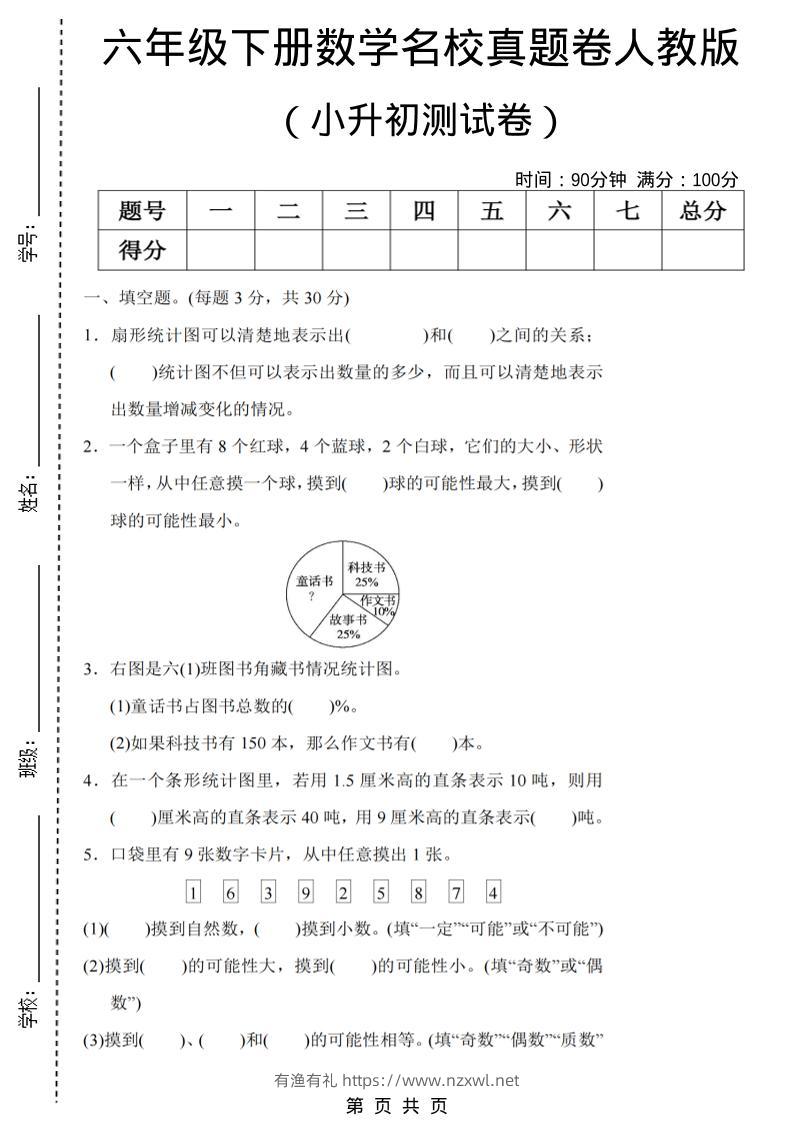 六年级下数学期末小升初名校真题卷《人教版》-有渔有礼