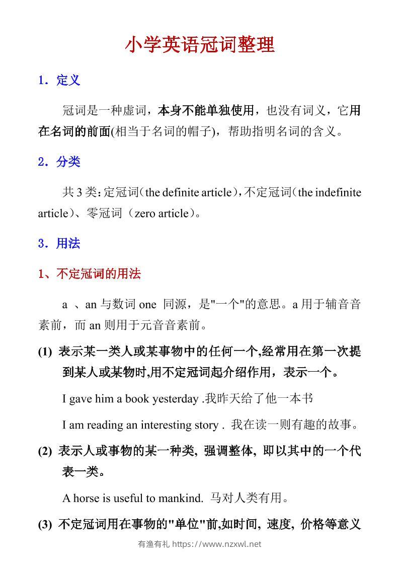 六年级下英语小学冠词整理-有渔有礼
