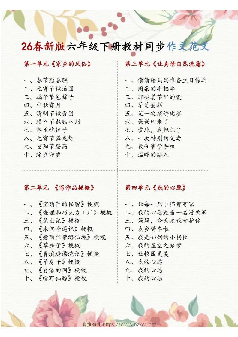 六年级下语文1-8单元同步作文范文-有渔有礼