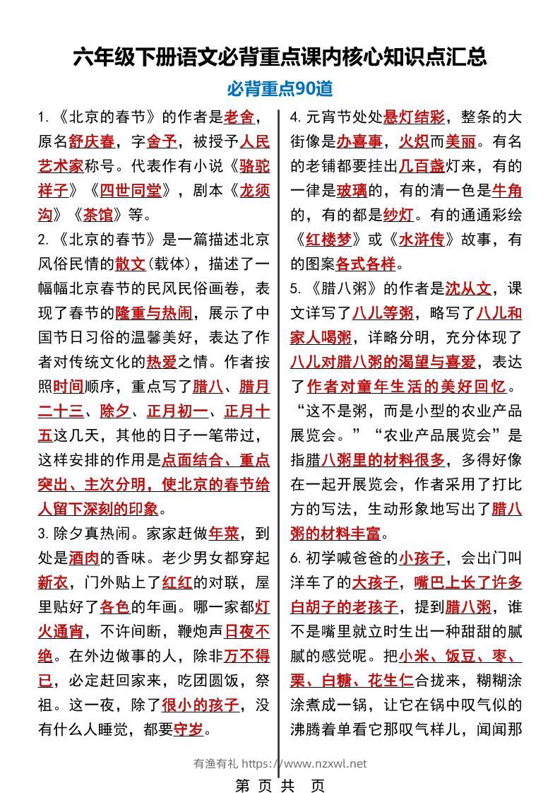 六年级下语文必背重点课内核心知识点汇总90道-有渔有礼