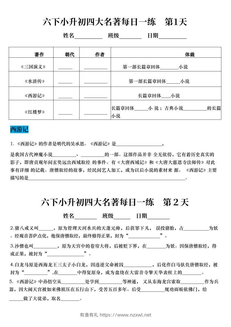 六年级下语文四大名著每日一练（小升初）-有渔有礼