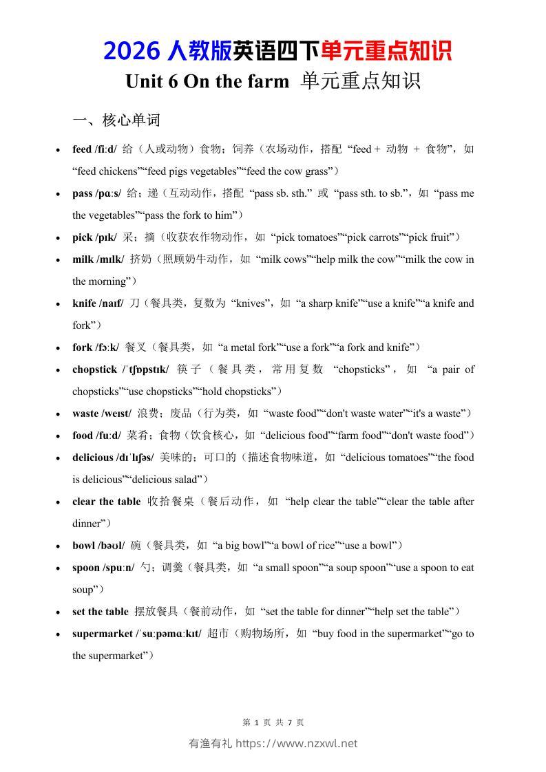 四年级下英语Unit6重点知识汇总《人教版PEP》-有渔有礼