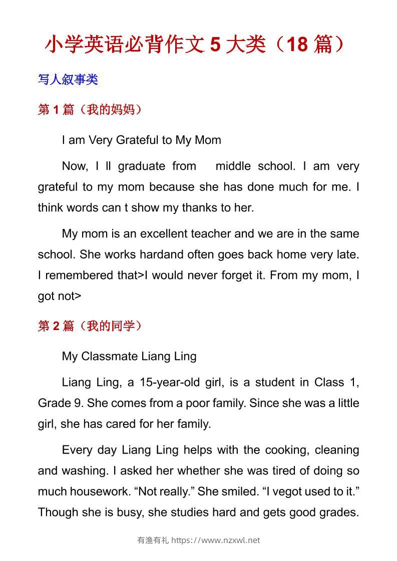 六年级下英语必背作文5大类（18篇）-有渔有礼