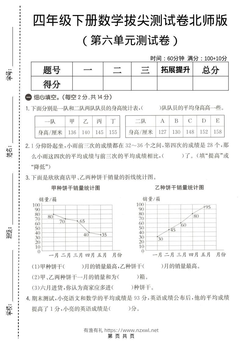 四年级下数学第六单元拔尖测试卷《北师版》-有渔有礼