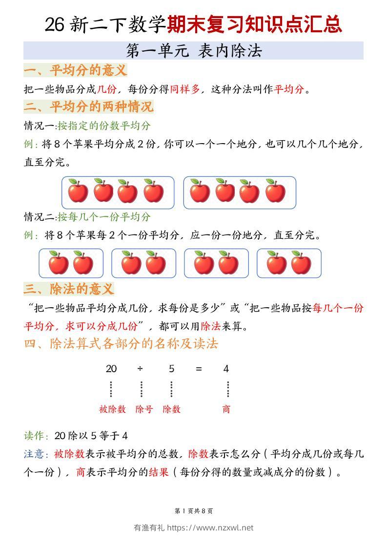 二年级下数学期末复习知识点汇总《沪教版》-有渔有礼