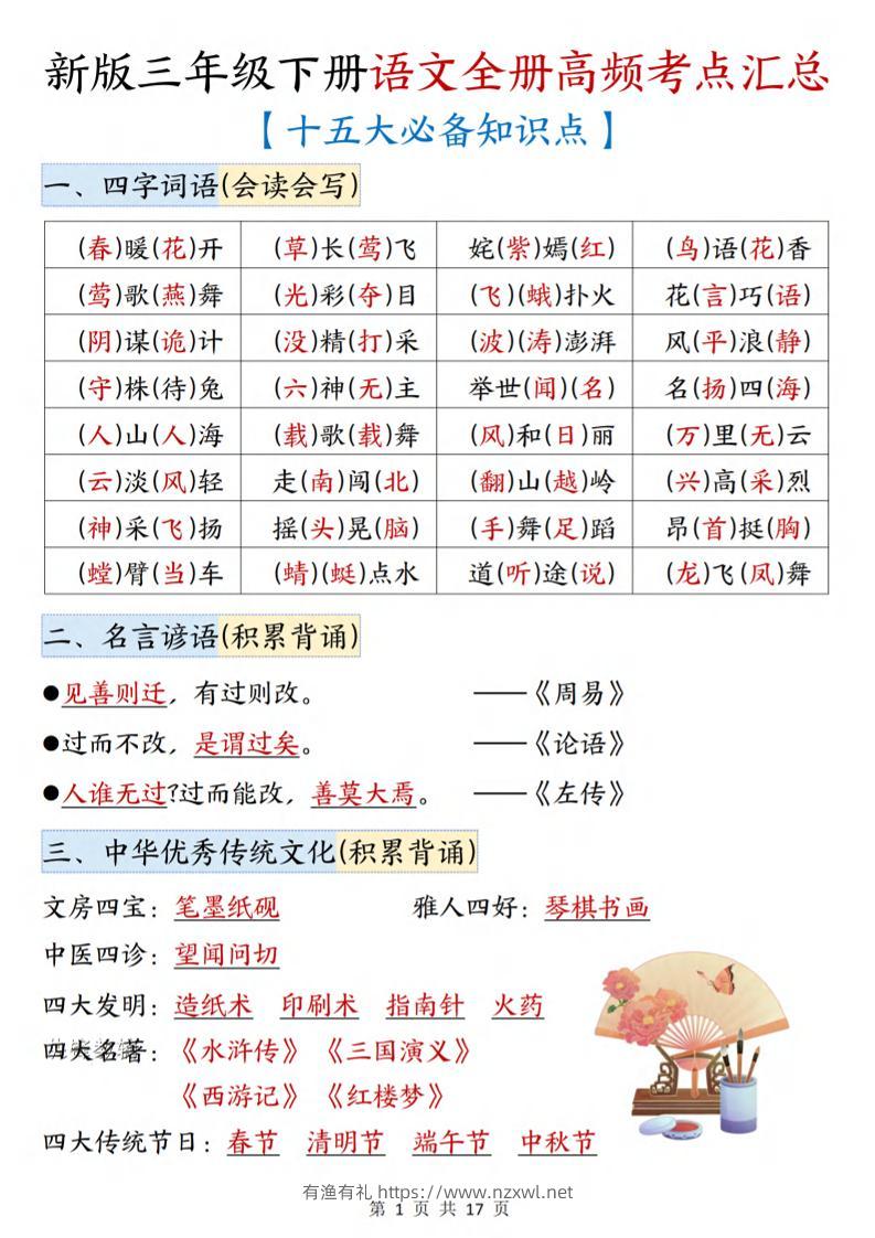三年级下语文期末复习高频考点汇总（十五大必备知识点）-有渔有礼