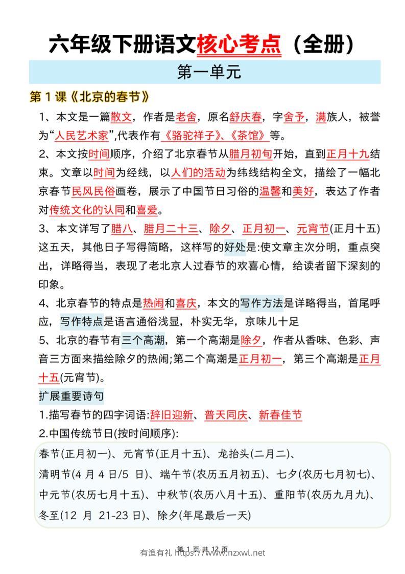 六年级下语文期末全册课文核心考点-有渔有礼