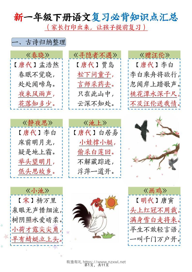 新一年级下册语文复习必背知识点汇总-有渔有礼
