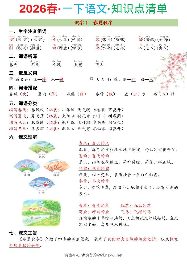 26春一年级下语文期末复习知识点清单-有渔有礼