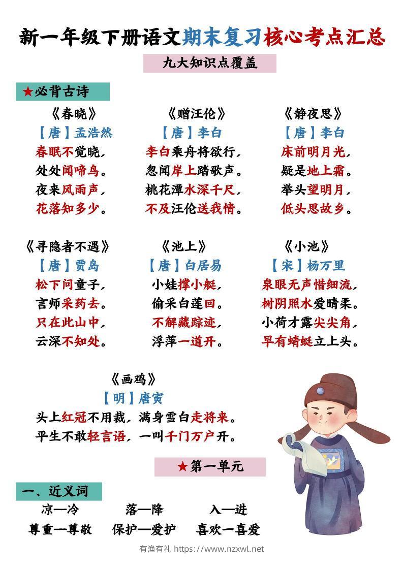 26春一年级下语文期末复习核心考点汇总-有渔有礼