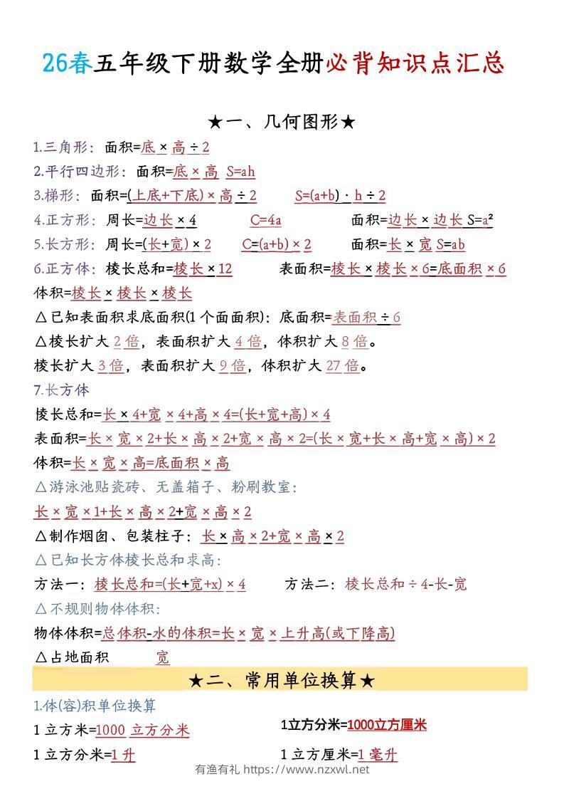 26春五年级下数学期末必背公式汇总-有渔有礼