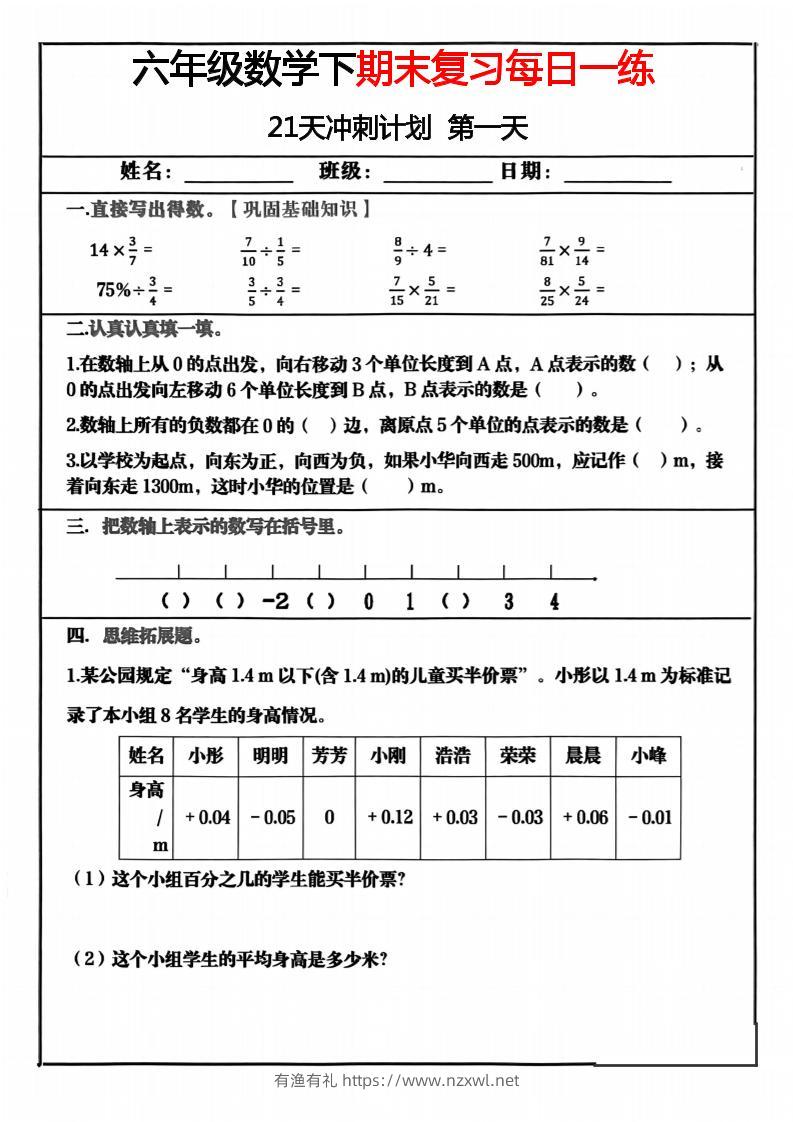 六年级下数学期末冲刺21天计划-有渔有礼