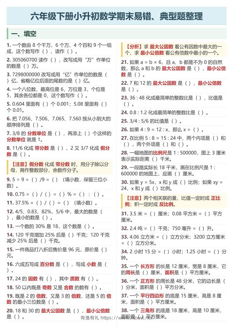 六年级下数学期末常考易错、典型题整理-有渔有礼