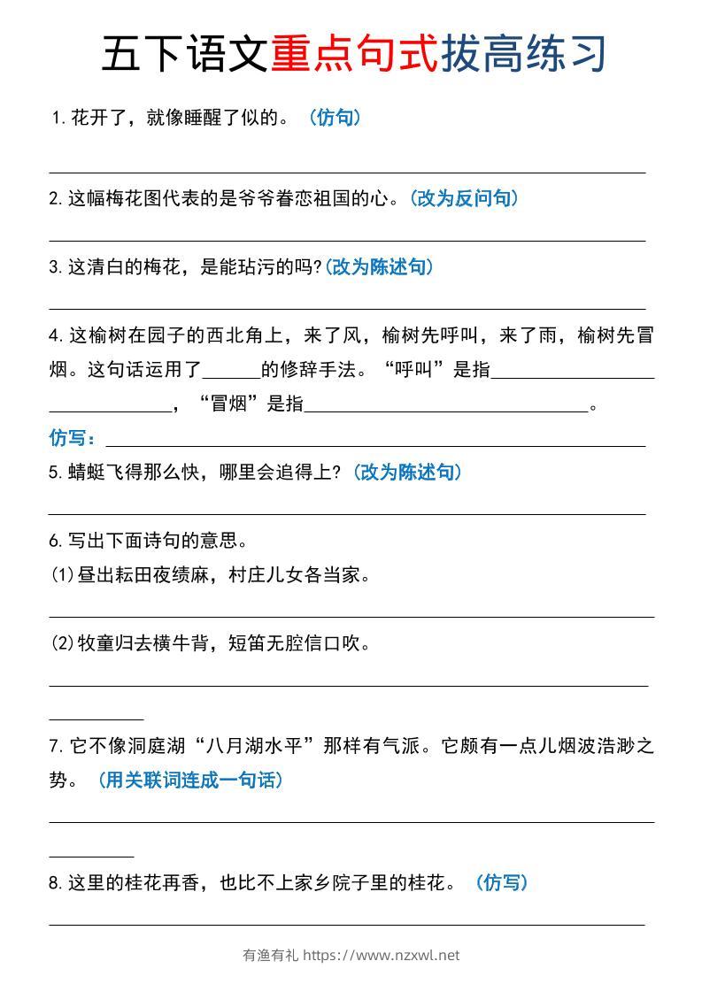 五年级下语文《重点句式》拔高练习-有渔有礼